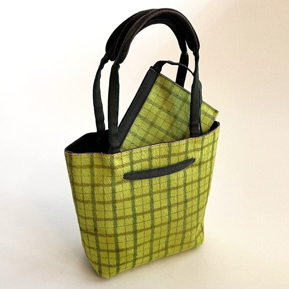 MIU MIU Green Plaid Pony Hair Leather Mini Tote Bag with Coin Card Holder - Picture 7 of 15